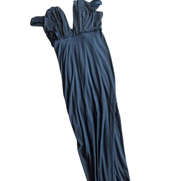 Pia Gladys Perey Dionne Dress Stretch Grey Gathered High Slit Fitted Size Large - Picture 12 of 15